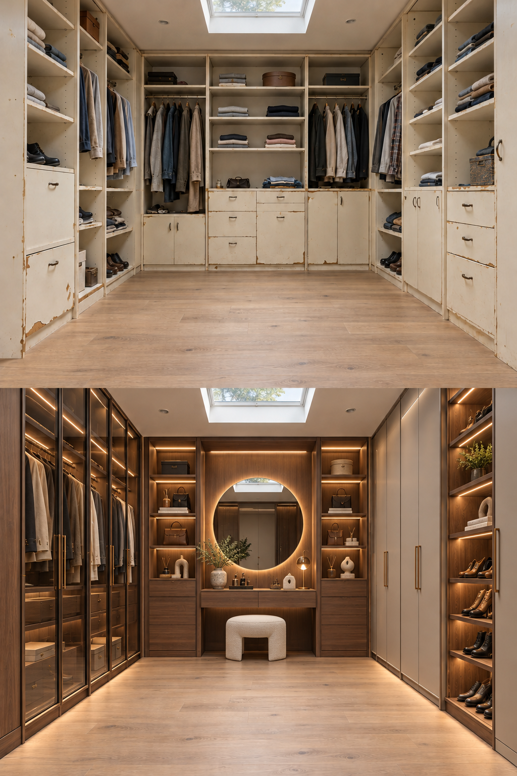 Antes: closet em U com portas descascadas, ferragens velhas e divisórias gastas